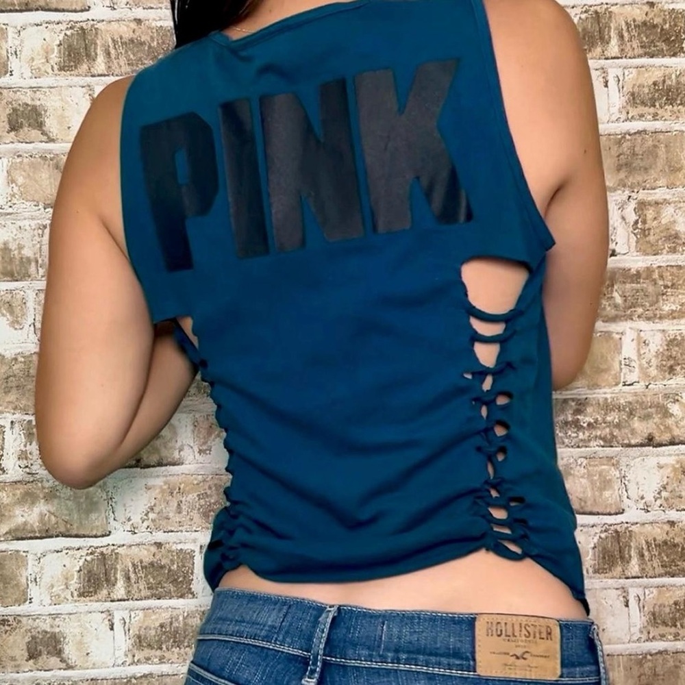 PINK Victoria's Secret teal cut out Blue Sleeveless back lettering tank XS Y2K